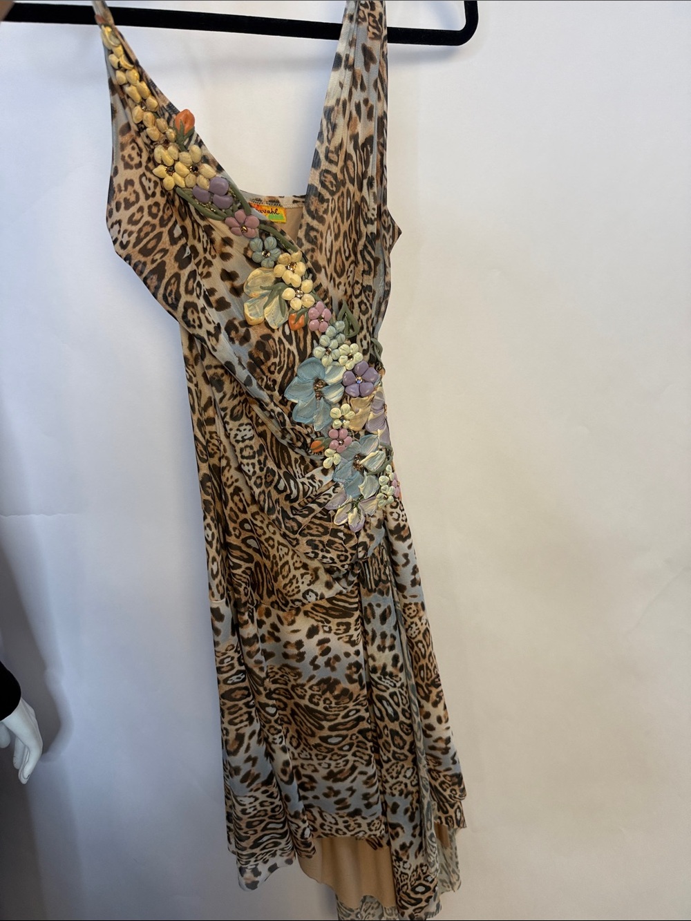 Ema Savahl Couture Leopard Print Floral-Applique Slip Dress - Beige/Brown